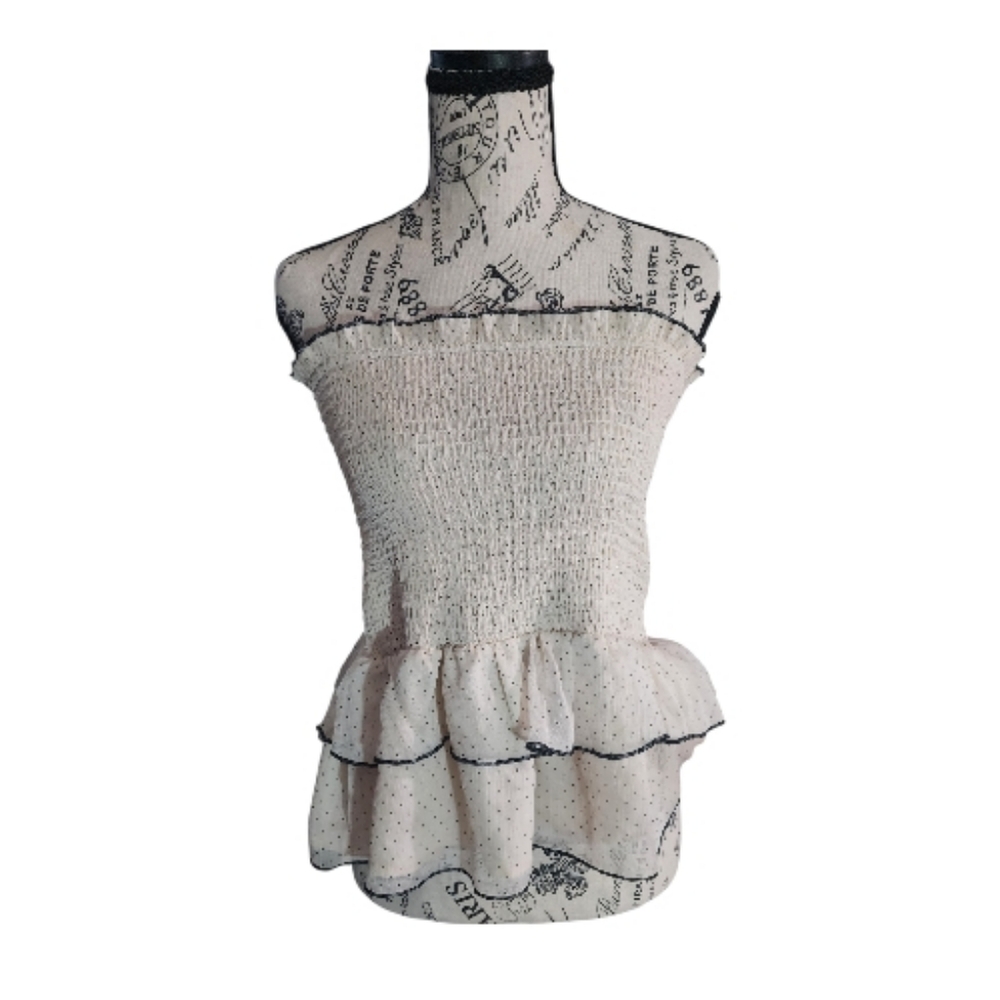 Caren Forbes Polka Dot Smocked Peplum Tube Top, Size Medium